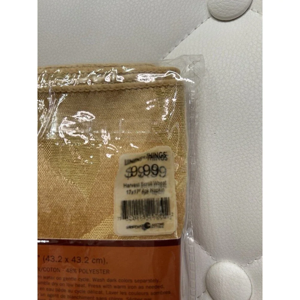 Vintage Harvest Scroll Damask Napkins Wheat 4-Pack 17x17 Cotton/Poly